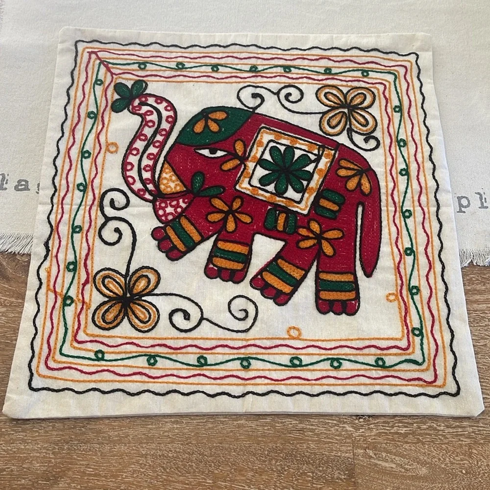 Colorful Elephant Embroidered Pillow Cover/ India made